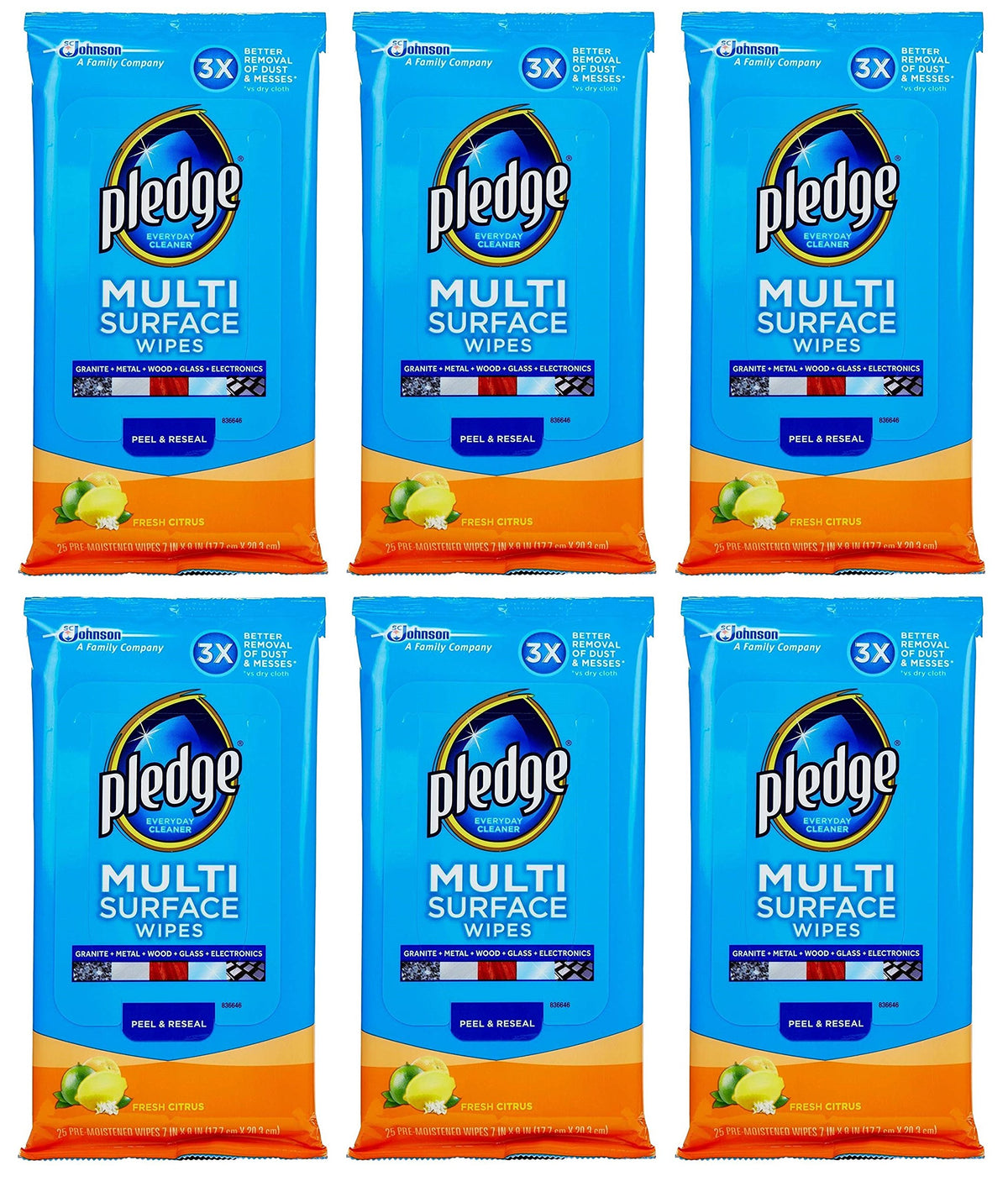 Pledge Multi Surface Everyday Wipes 25 ea (Pack of 6)