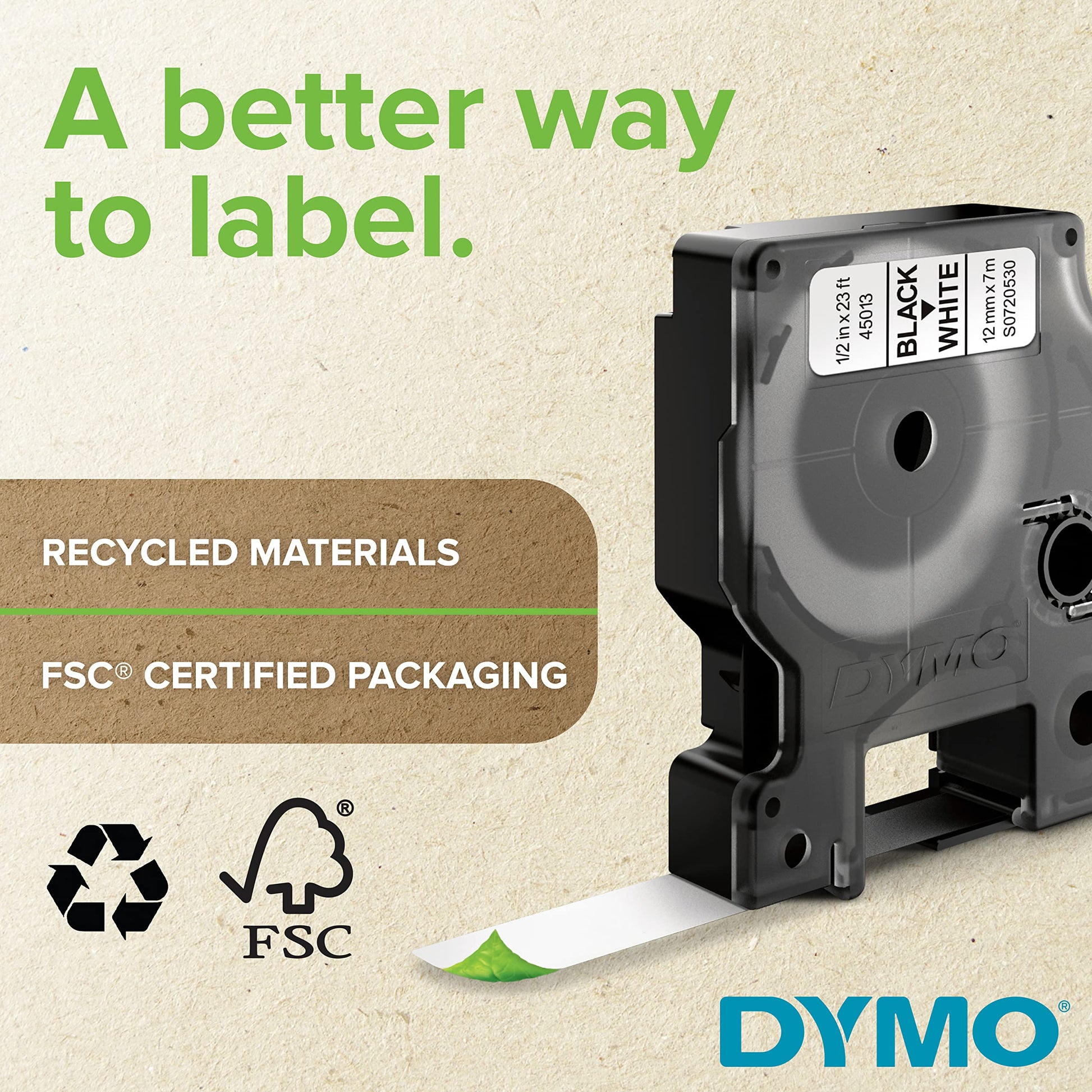 DYMO Standard D1 Labeling Tape for LabelManager Label Makers, White Print on Clear Tape, 1/2'' W x 23' L, 1 Cartridge