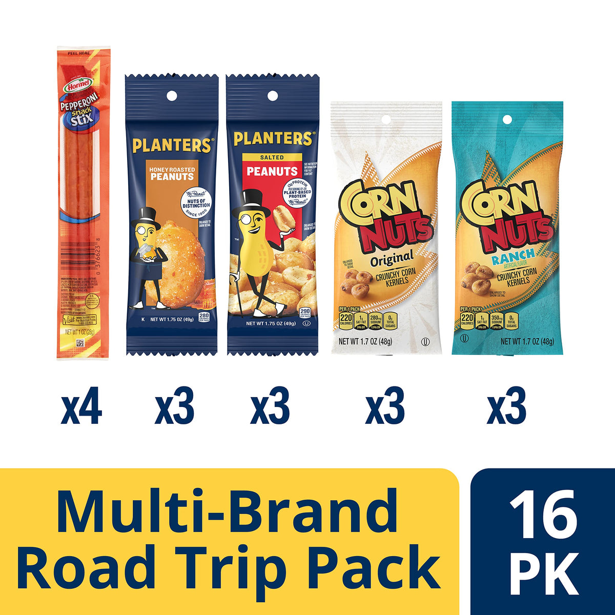 Planters Peanuts, CORN NUTS, HORMEL Pepperoni Stix Variety Pack, 16 Count, Snack Care Package