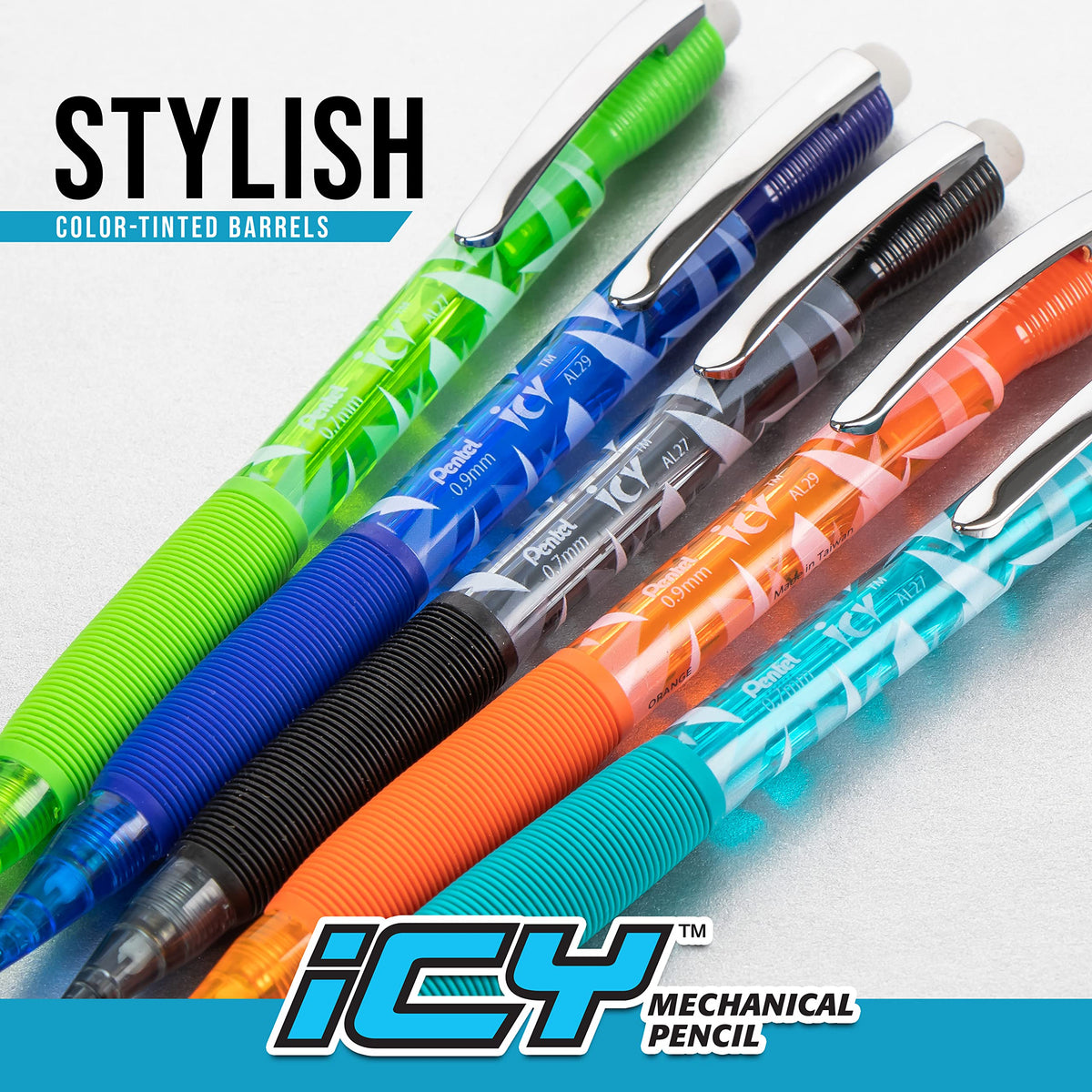 Pentel Icy Mechanical Pencil, (0.7mm) Medium Line, Flag Barrel, Assorted Grips (B/C/W) Clear Dozen Box