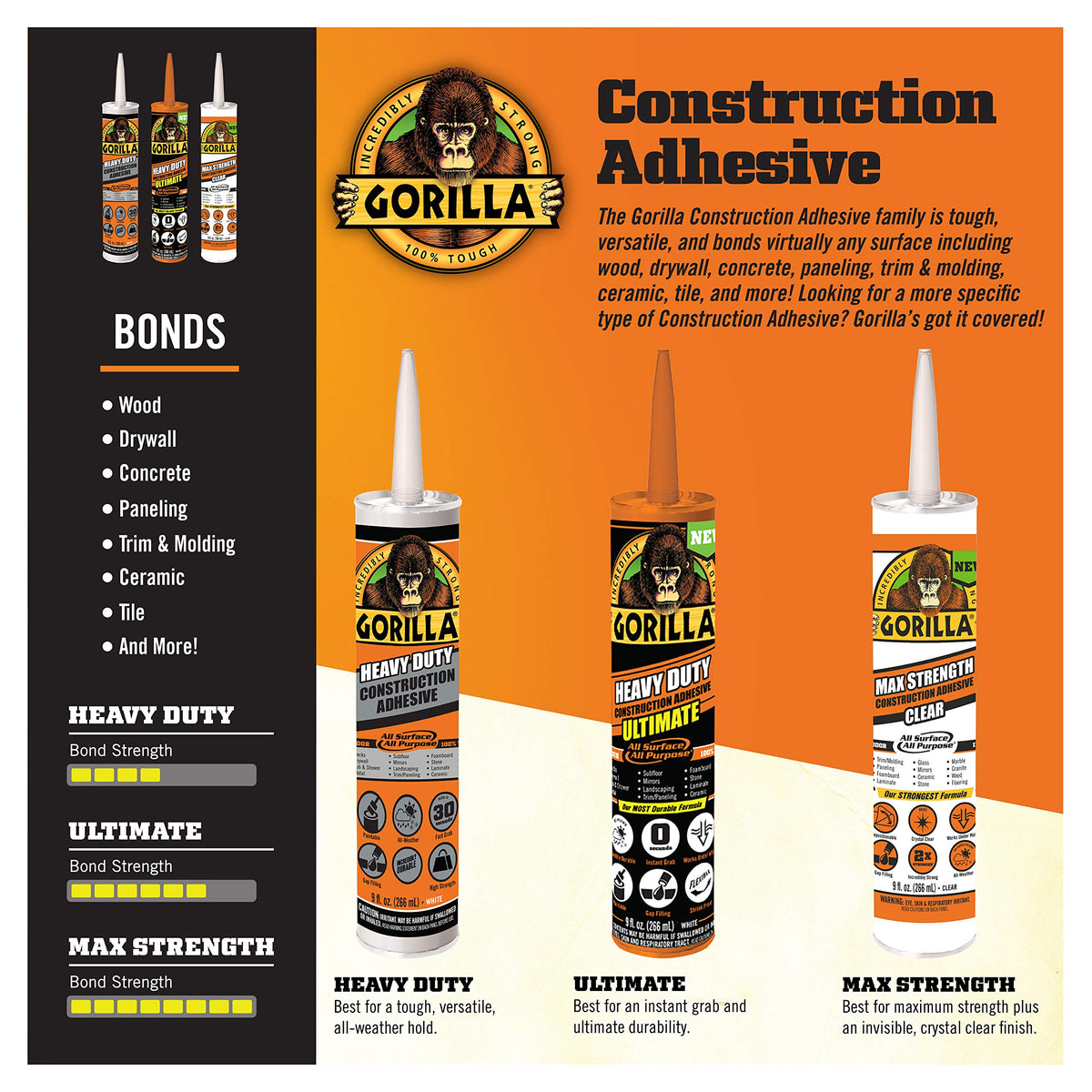 Gorilla 8010001, 9 oz, White Heavy Duty Construction Adhesive, 1 Pack