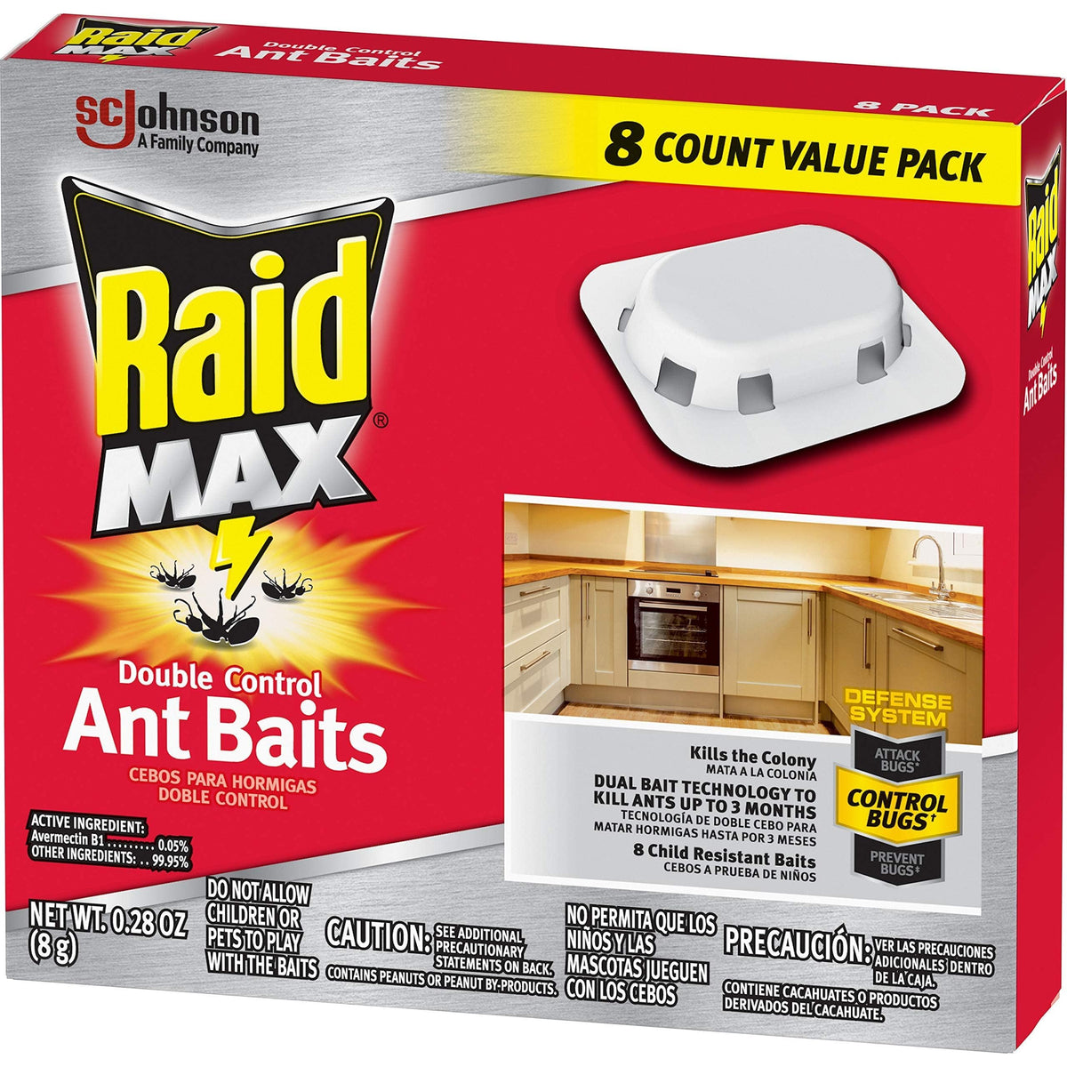 Raid Max Double Control Ant Baits, Household Use Defense System to Control Bugs, Dual Bait Technology 0.28 Ounce (Pack of 8)