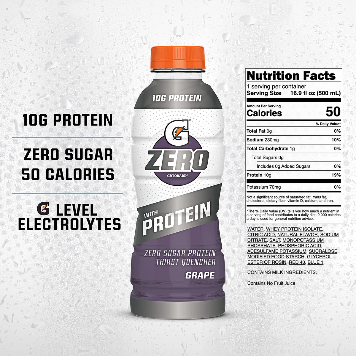 Gatorade Zero With Protein, 10g Whey Protein Isolate, Zero Sugar, Electrolytes, Grape, 16.9 Fl Oz, 12 Pack