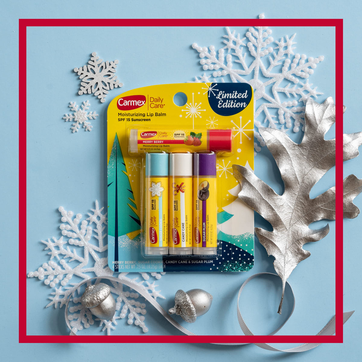 Carmex Daily Care Moisturizing Lip Balm Limited Edition Holiday Stick Pack in Sugar Plum, Candy Cane, Sugar Cookie and Merry Berry - 0.15 OZ each, 4 count (Pack of 3)