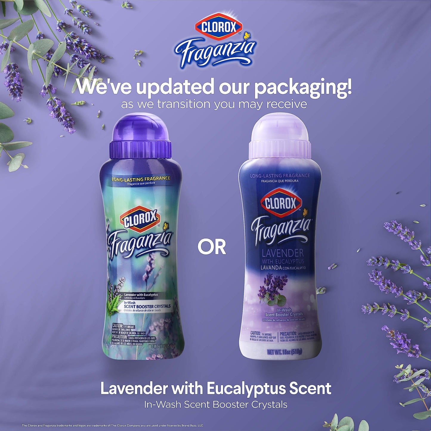 Clorox Fraganzia Laundry Scent Booster Crystals in Lavender with Eucalyptus Scent - Scented In-Wash Freshener Beads for Fresh, Clean, Great Smelling Clothes and Linens, 18 Oz - 2 Pack