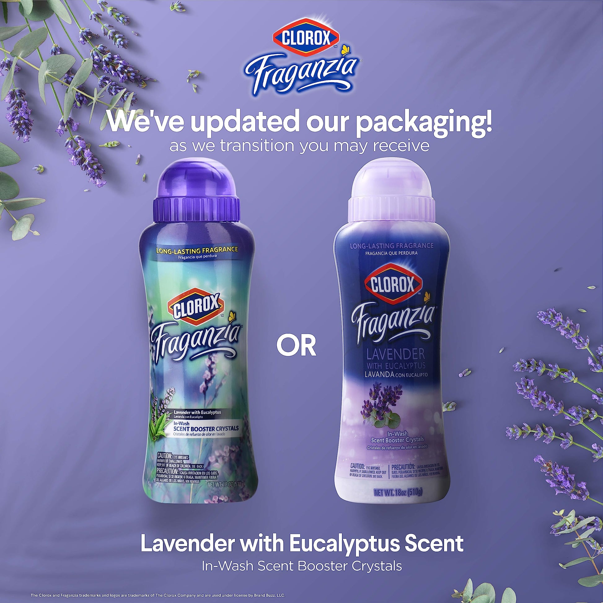 Clorox Fraganzia Laundry Scent Booster Crystals in Lavender with Eucalyptus Scent - Scented In-Wash Freshener Beads for Fresh, Clean, Great Smelling Clothes and Linens, 18 Oz - 2 Pack
