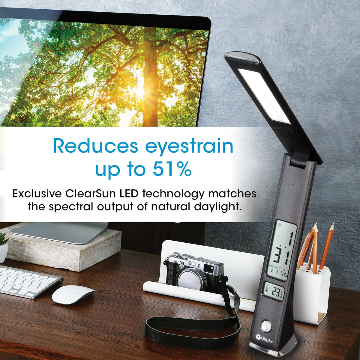 Prevention by OttLite LED Task Adjustable Lamp with Digital Display - Designed to Reduce Eyestrain - Adjustable Neck, 3 Color Modes & USB Charging - Crafting, Office Work, Reading & Studying