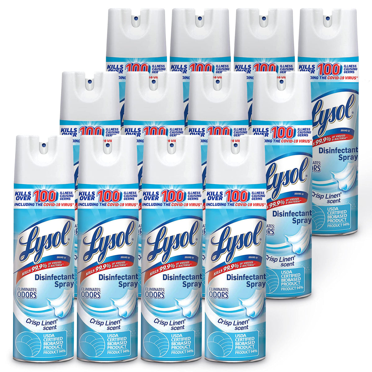 Lysol Disinfectant Spray, Household Essential Cleaning Supplies, Multi-Purpose Room Spray, Antibacterial Sanitizer Spray, Upholstery Deodorizer, Home and Bathroom, Crisp Linen,19 Fl Oz (Pack of 12)