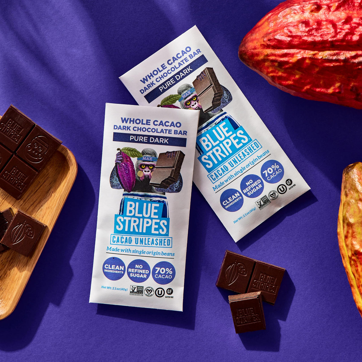 Blue Stripes Pure Dark Chocolate Bar, 2.1 OZ