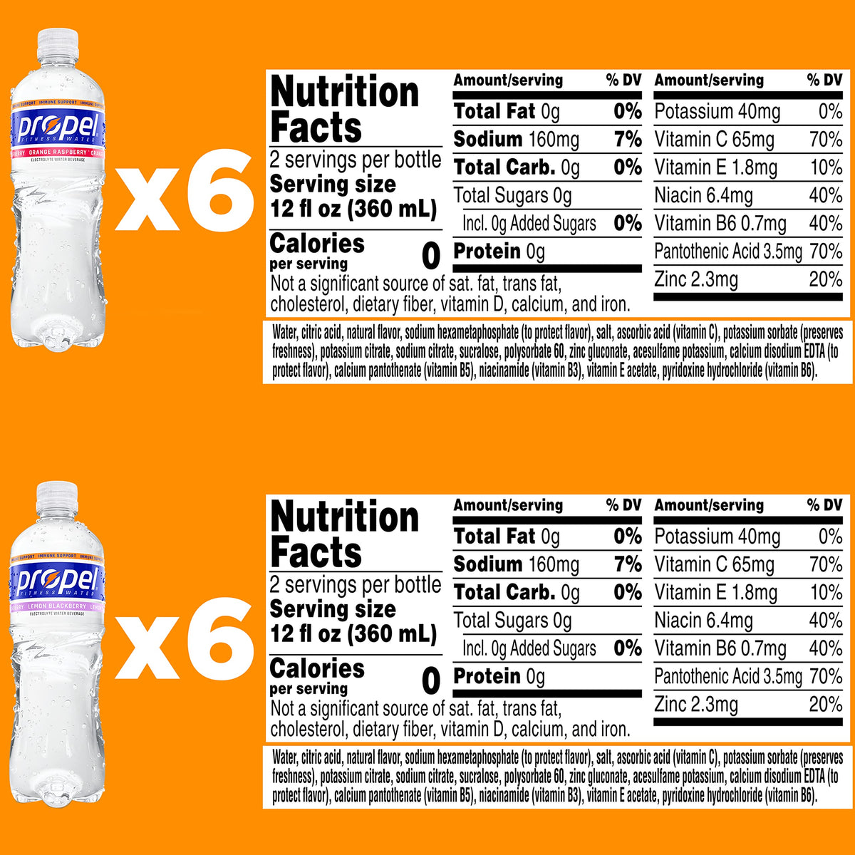Propel Immune Support Liquid with Vitamin C + Zinc, Lemon Blackberry & Orange Raspberry Variety Pack, 24oz Bottles (Pack of 12)