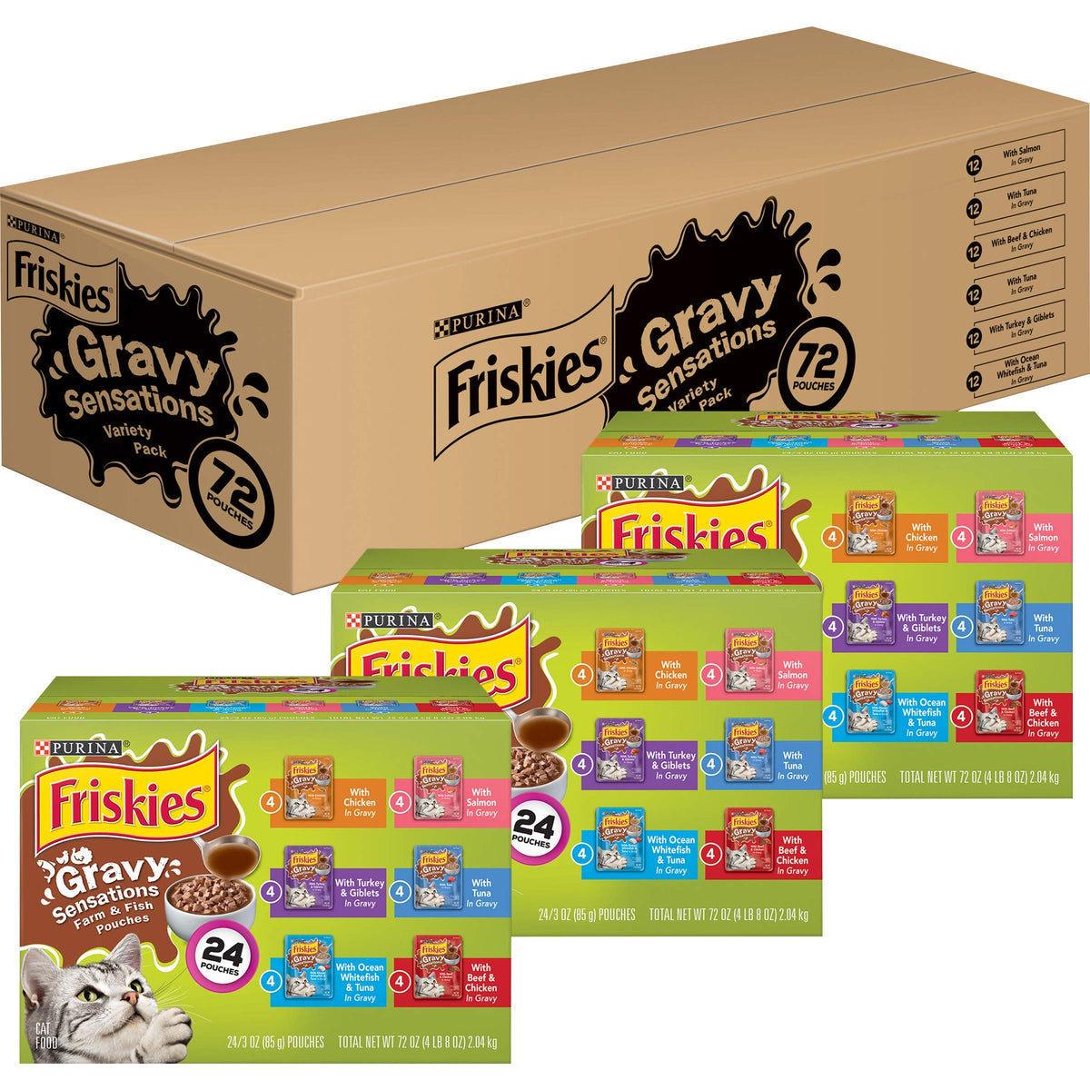 Purina Friskies Gravy Wet Cat Food Variety Pack, Gravy Sensations Farm and Fish Pouches - (3 Packs of 24) 3 oz. Pouches