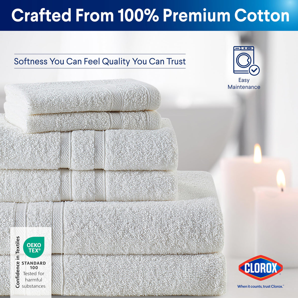 CLOROX Bleach Friendly Towels, Quick Dry, 100% Cotton Bath Towels (30" x 52"), Highly Absorbent Soft Lightweight, Ideal for Everyday Use, Easy to Wash(2 Pack, White)