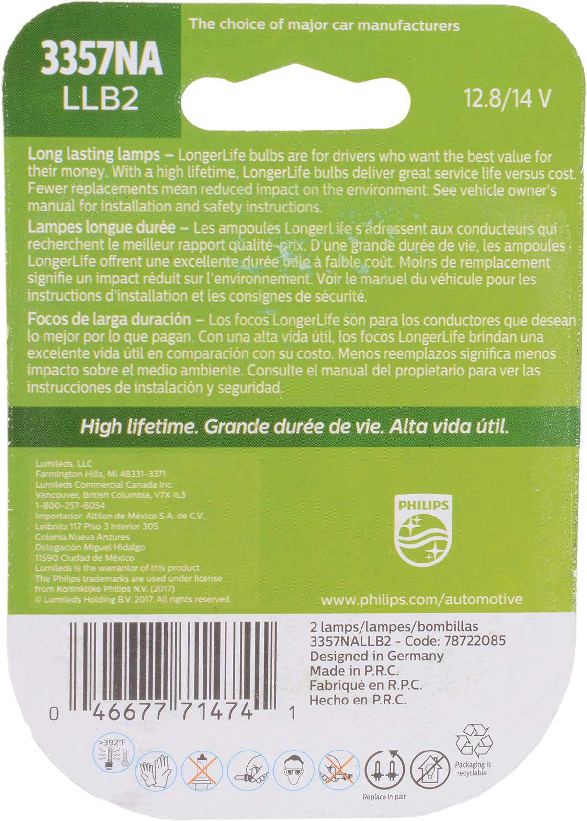 Philips 3357NA LongerLife Miniature Bulb, 2 Pack