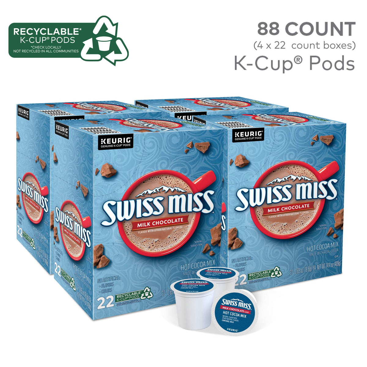 Swiss Miss Milk Chocolate Hot Cocoa, Keurig Single-Serve K-Cup Pods, 88 Count (4 Packs of 22)