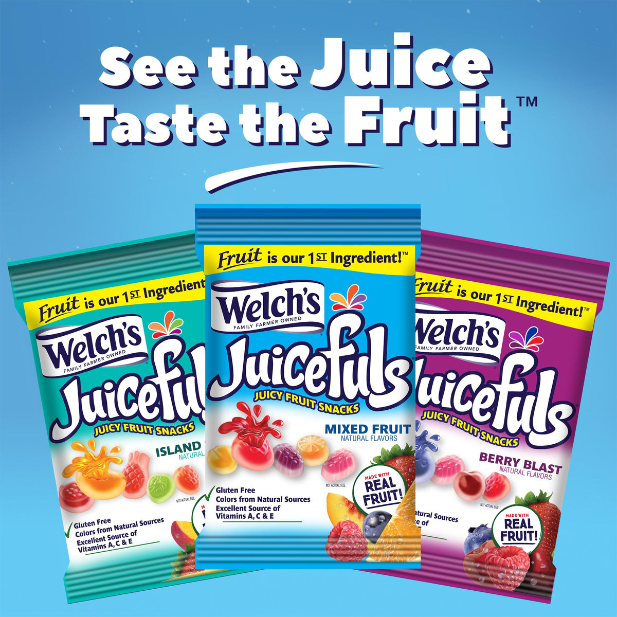 Welch's Juicefuls Juicy Fruit Snacks, Mixed Fruit, Berry Blast & Island Splash Fruit Gushers Variety Pack, Perfect for School Lunches, Gluten Free, Sharing Size Bags, 4 oz (Pack of 12)