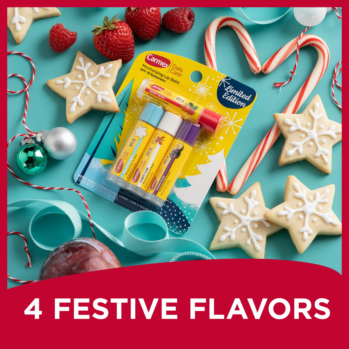 Carmex Daily Care Moisturizing Lip Balm Limited Edition Holiday Stick Pack in Sugar Plum, Candy Cane, Sugar Cookie and Merry Berry - 0.15 OZ each, 4 count (Pack of 3)
