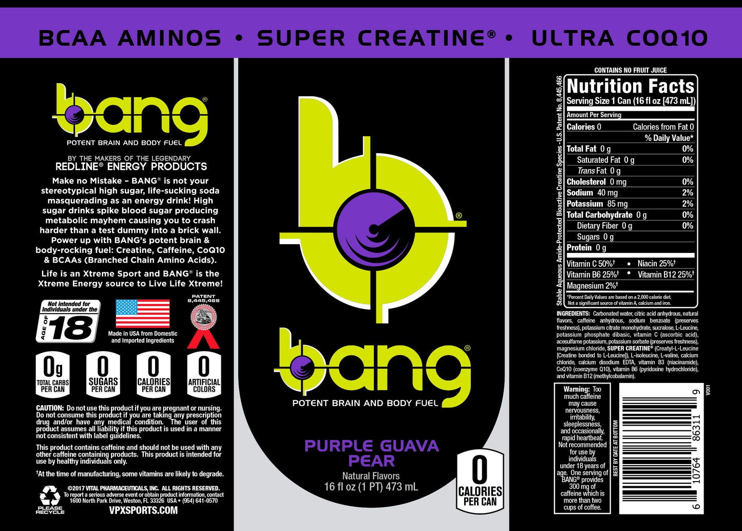 Bang Energy Purple Guava Pear, Sugar-Free Energy Drink, 16-Ounce (Pack of 12)