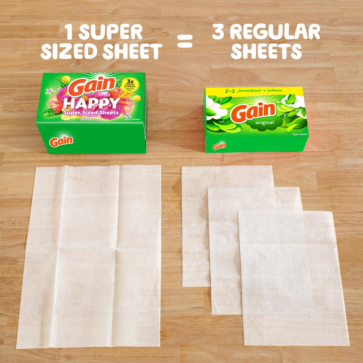 Gain Super Sized Dryer Sheets, Laundry Fabric Softener, Happy, 130 Count