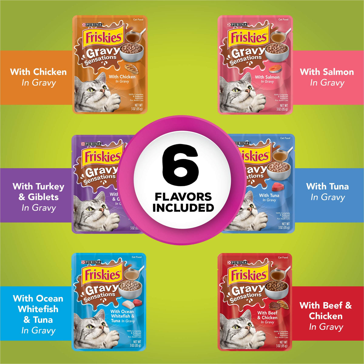 Purina Friskies Gravy Wet Cat Food Variety Pack, Gravy Sensations Farm and Fish Pouches - (3 Packs of 24) 3 oz. Pouches