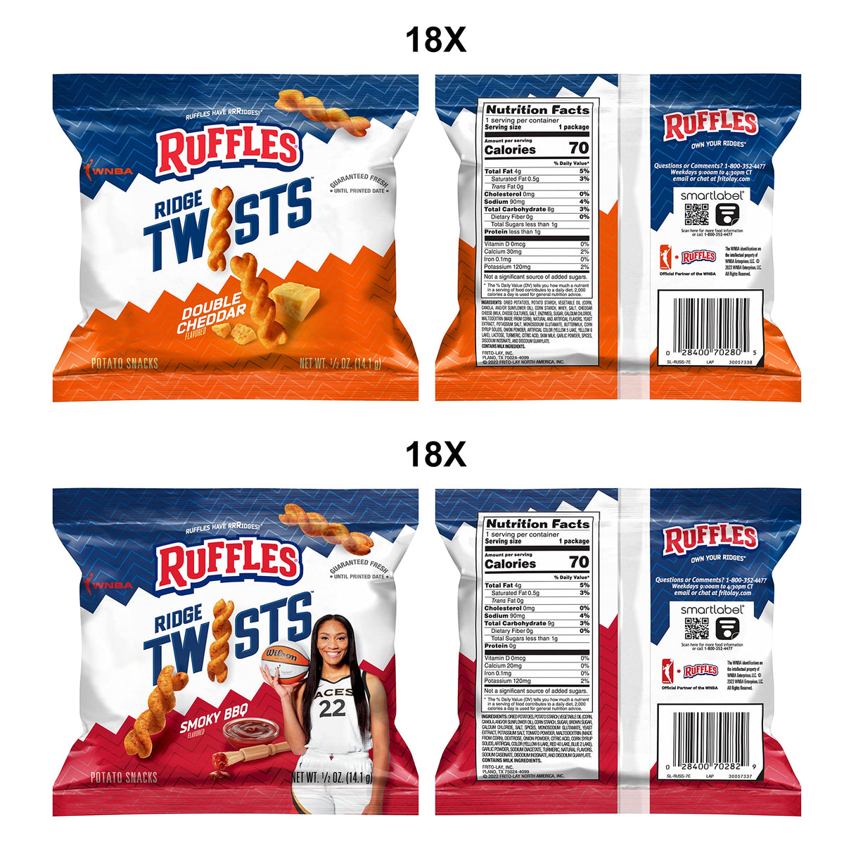 Ruffles Ridge Twists, Smoky BBQ & Double Cheddar flavor Variety Pack, 36 Count