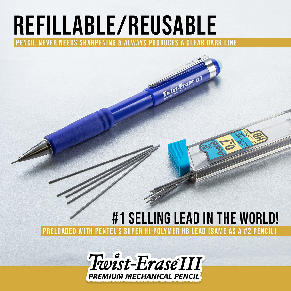 Pentel Twist-Erase III Mechanical Pencil ,0.5mm , Black Barrel, 12 Pack (QE515A)