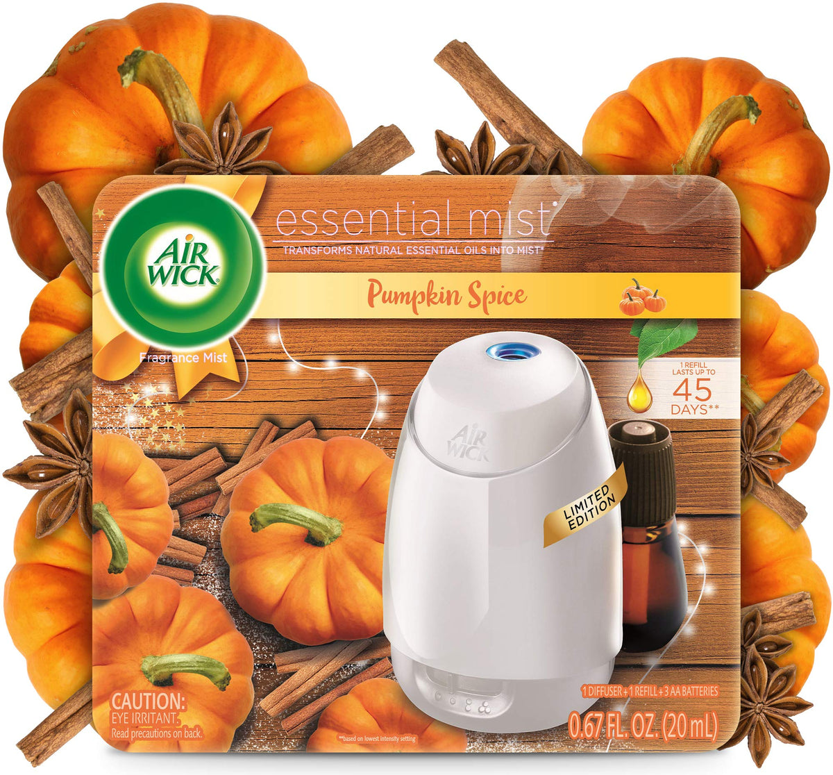 Air Wick Essential Mist, Essential Oils Diffuser, (Diffuser + 1 Refill), Pumpkin Spice, Fall Scent, Fall Spray, Air Freshener