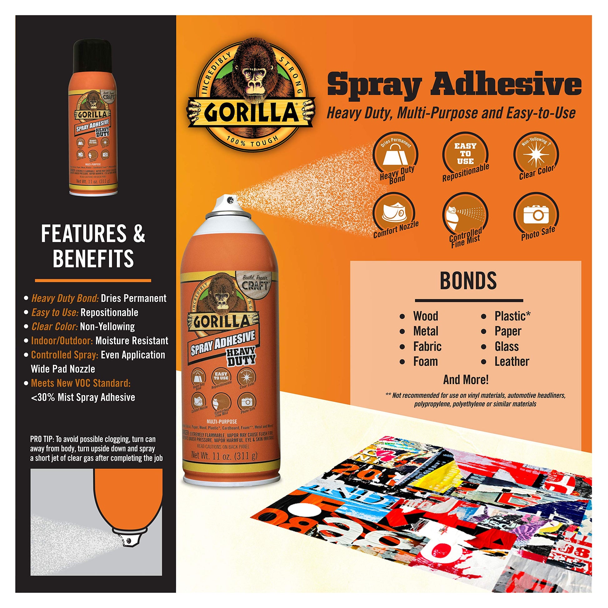 Gorilla Heavy Duty Spray Adhesive, Multipurpose and Repositionable, 11 Ounce, Clear (Pack of 4)