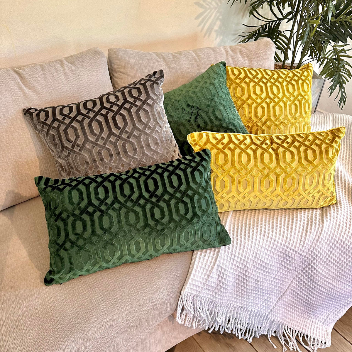 PoshMart Throw Pillow Cover, 18" x 18" Modern Yellow Geometric, Embroidery Cut, Velvet Luxury Contemporary Pillow Cover, for Couch, Sofa, Living Room, Bedroom (Insert NOT Included)