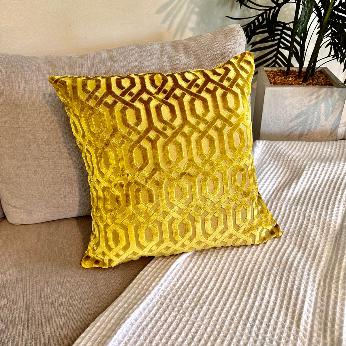 PoshMart Throw Pillow Cover, 18" x 18" Modern Yellow Geometric, Embroidery Cut, Velvet Luxury Contemporary Pillow Cover, for Couch, Sofa, Living Room, Bedroom (Insert NOT Included)