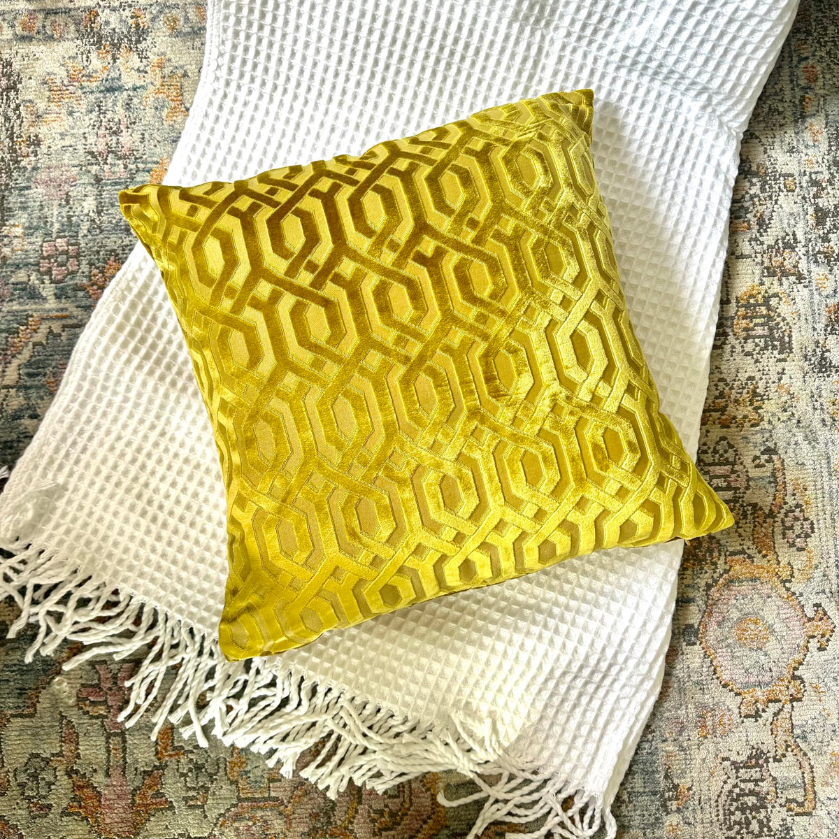 PoshMart Throw Pillow Cover, 18" x 18" Modern Yellow Geometric, Embroidery Cut, Velvet Luxury Contemporary Pillow Cover, for Couch, Sofa, Living Room, Bedroom (Insert NOT Included)